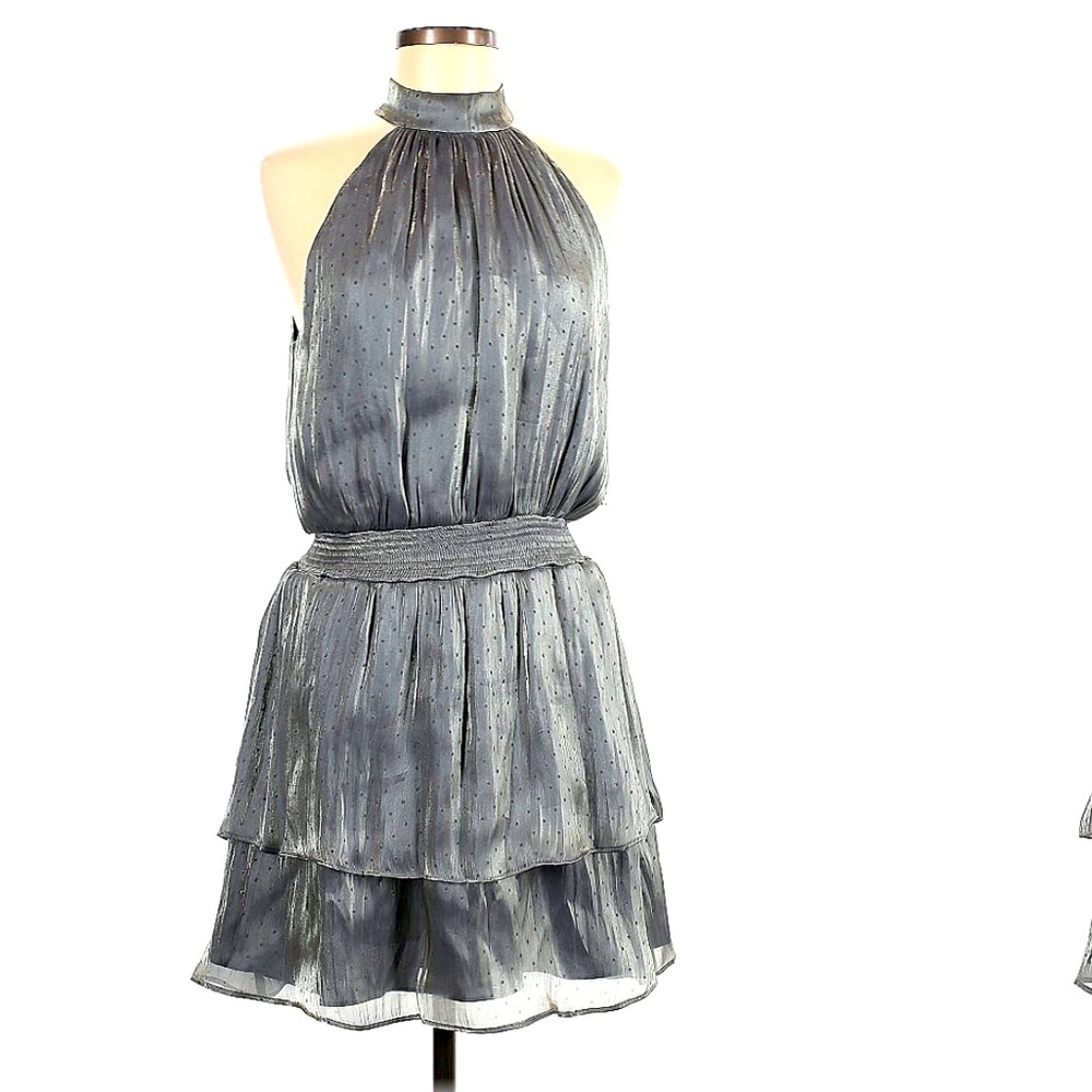 NWT 1. State Pewter halter dress. Sz M. Flowy, flirty, gossamer material.